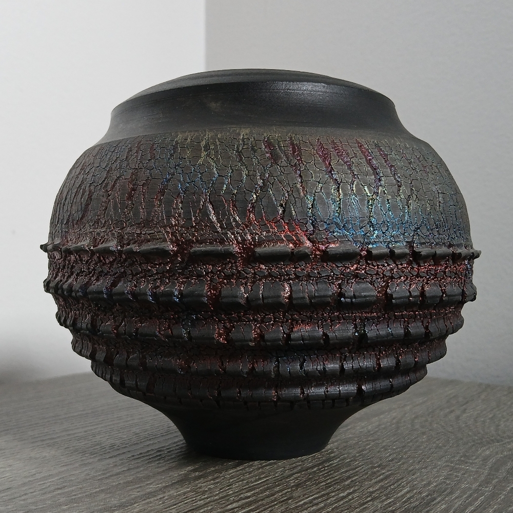 Vintage Studio Art Pottery Bulbous Raku Vase Metallic Signed